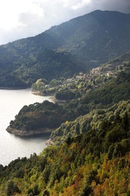 France, Corse-du-Sud (2A), Vallée du Prunelli, village de Tolla au bord du lac artificiel de Tolla depuis le col de la Scalledda