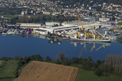 France, Seine-Maritime, port of  Saint-Wandrille-Rancon along the Seine river (aerial view)