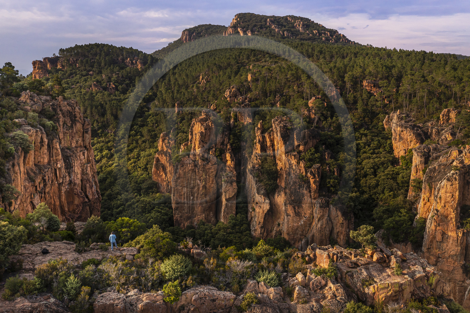 France, Var (83), entre Bagnols-en-Forêt et Roquebrune-sur-Argens, randonneur à l'entrée des Gorges du Blavet (vue aérienne)