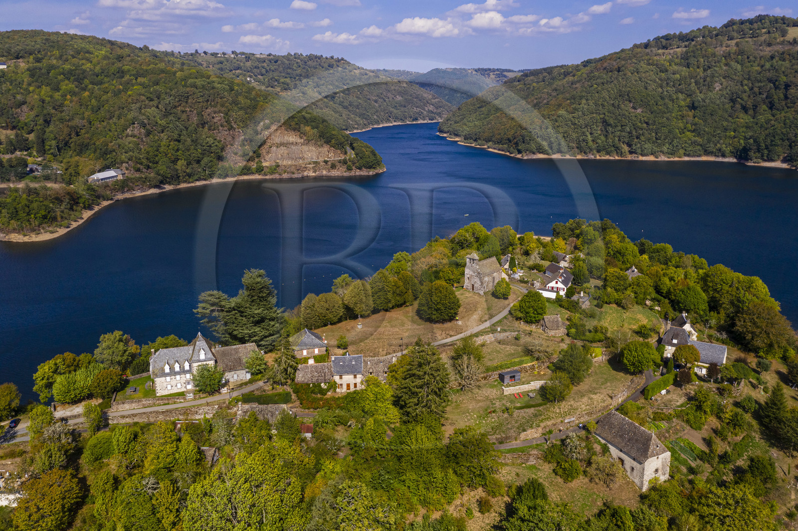 France, Aveyron, peninsula of Laussac, reservoir of the Sarrans dam (aerial view)