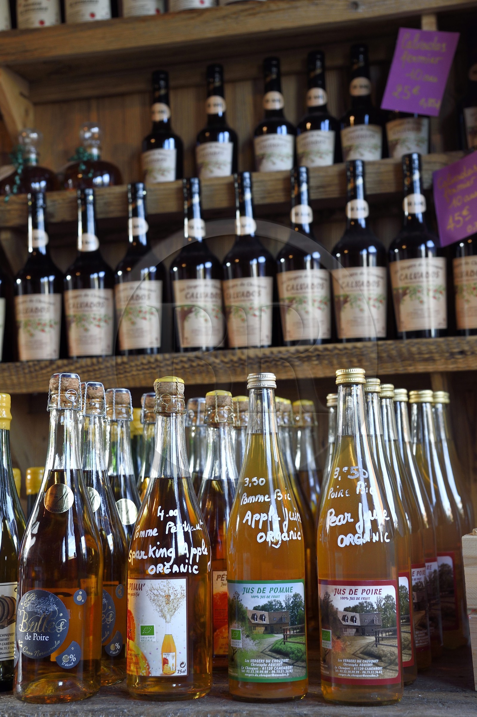 France, Calvados (14), Pays d' Auge, Beuvron-en-Auge, labellisé Les Plus Beaux Villages de France, Aux Trois Demoiselles, cidres bio en vente au bar le Boogie Blues