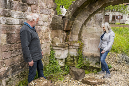 France, Bas Rhin, Parc regional des Vosges du nord (Northern Vosges Regional Natural Park), Eschbourg, ruins of Graufthal Abbey, remains of a 12th century vaulted room, the former village teacher Annette Oster with Marc Burckhart, also the former village teacher and president of the association for the enhancement of the Graufthal site