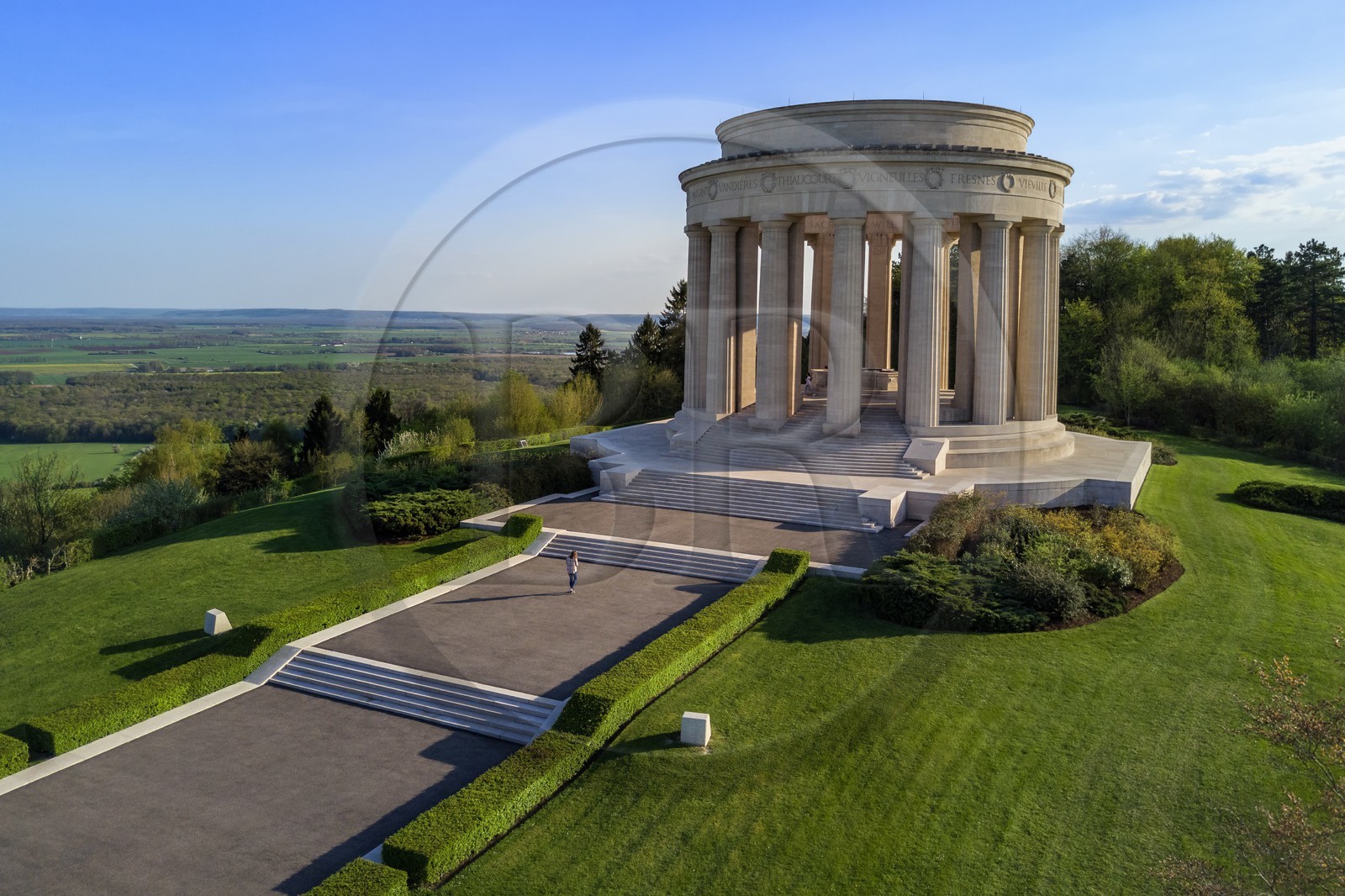 France, Meuse, Lorraine Regional Park, Cotes de Meuse, monument to American soldiers at Montsec commemorating the offensives by U.S. forces on the Saint-Mihiel salient during the First World War (aerial view)