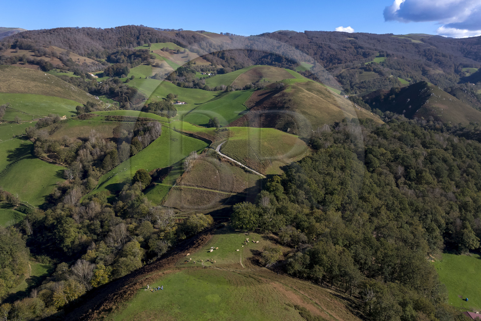 France, Pyrénées-Atlantiques (64), Pays-Basque, la vallée des Aldudes à Urepel, le Kintoa (le pays Quint) au sud de la vallée à cheval de la frontière espagnole (vue aérienne)