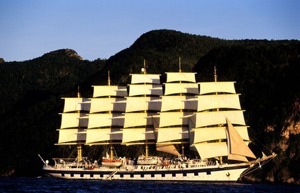Caribbean sea, five masted ship SPV Royal Clipper with all sails set