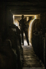France, Gard (30), le Pont du Gard classé Patrimoine Mondial de l'UNESCO, Grand Site de France, pont aqueduc romain qui enjambe le Gardon, concrétions calcaires déposées au fil des années sur les parois intérieures du conduit de l'aqueduc dans la partie supérieur du pont