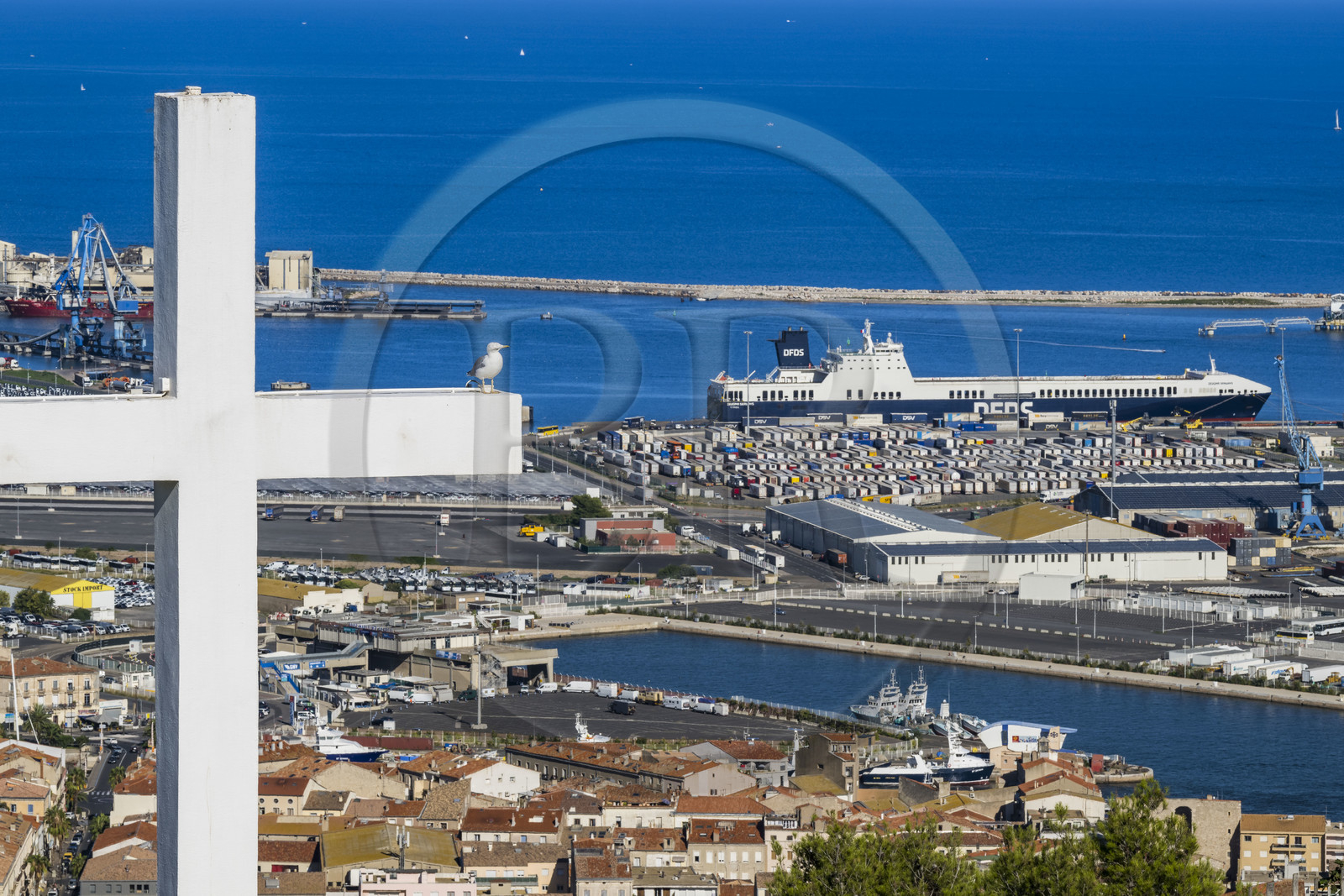 France, Herault, Sète, the port facilities seen from Mont Saint-Clair and its cross