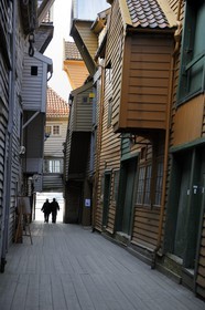 Norvège, comté de Hordaland, Bergen, maisons en bois du quartier de Bryggen, classé Patrimoine Mondial de l'UNESCO, ancien comptoir de la ligue hanséatique (la Hanse)