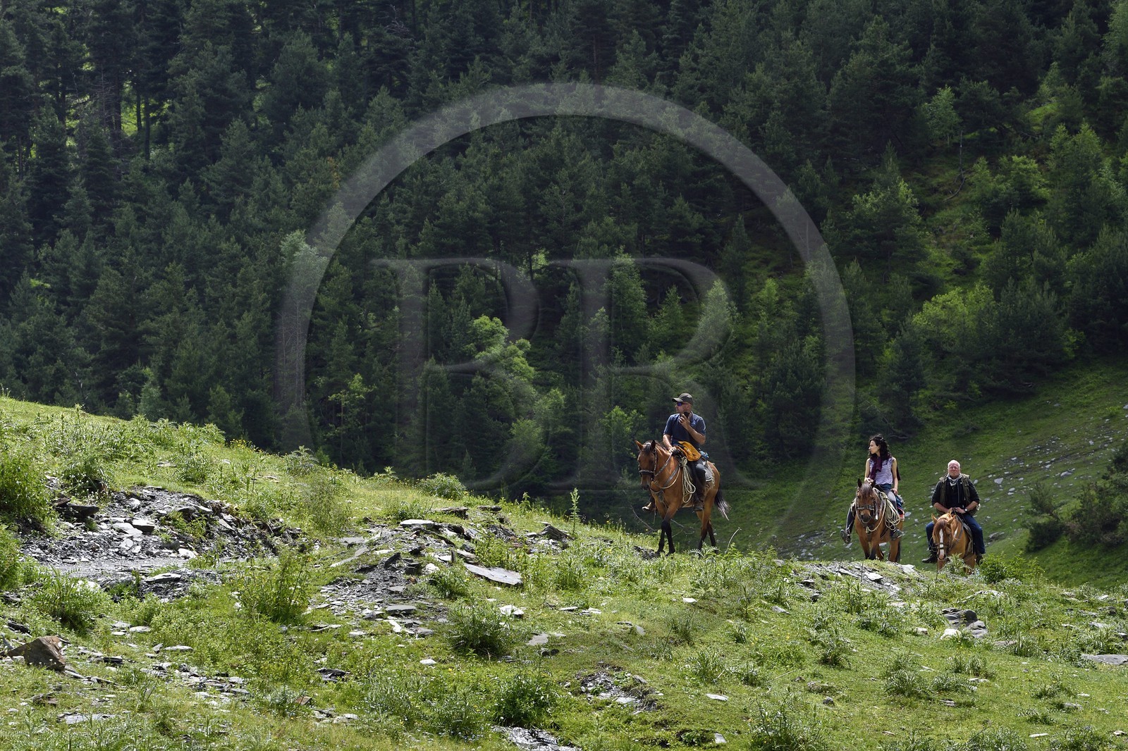 Georgia, Kakheti, Tusheti National Park, Alazani River Valley in the mountains of Pirikiti, riders on horseback