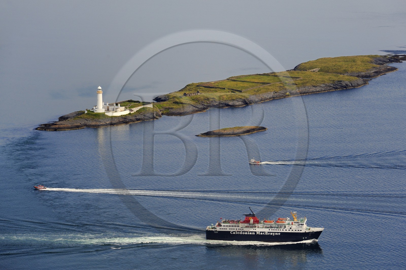 United Kingdom, Scotland, Highland, Inner Hebrides, Loch Linnhe, Isle of Lismore lighthouse east of Mull, ferry between Oban and Craignure on Mull (aerial view)