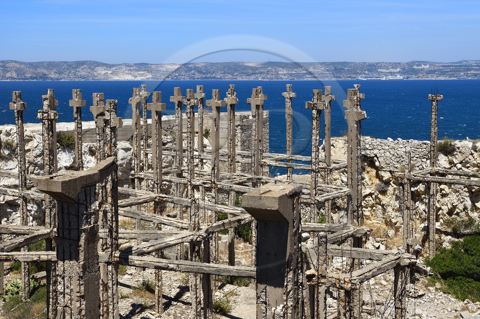 France, Bouches du Rhone, Marseille, Calanques National Park, archipelago of Frioul islands, Ratonneau island, Ratonneau Fort, pseudo field of crosses, vestige of structures of German casemate for canon whose construction was interrupted by the end of the war