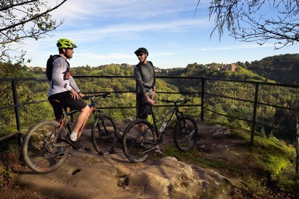 France, Bas-Rhin, Parc regional des Vosges du nord (Northern Vosges Regional Natural Park), La Petite Pierre, the Rocher Blanc (White Rock) which allows to enjoy a beautiful view of the old town and the Chateau