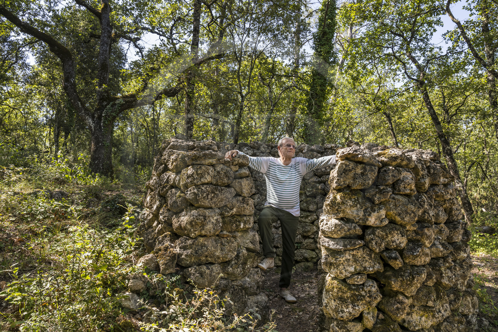 France, Var (83), Provence Verte, Bras, vers Saint-Maximin-la-Sainte-Baume, forêt du domaine Le Peyrourier - une campagne en Provence, Claude Fussler dans un ancien abri pour la chasse à l'affût dit à l'agachon