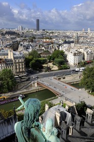 France, Paris (75), île de la Cité, la cathédrale Notre-Dame depuis la flèche qui domine les statues de cuivre vert-de-grisé des douze apôtres avec les symboles des quatre évangélistes
