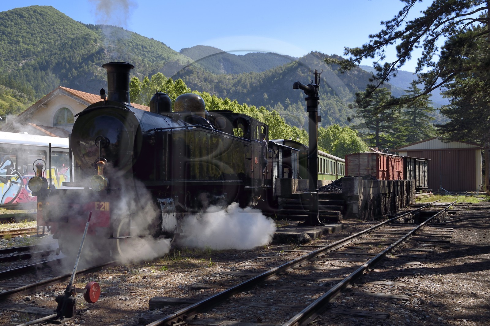 France, Alpes-Maritimes (06), Puget Théniers, le Train des Pignes entre en gare