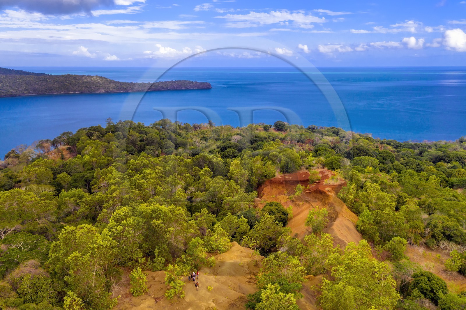 France, Mayotte island (French overseas department), Grande-Terre, Mbouini, the Padzas (deforested areas and gullied with reddish soils) of Dapani (aerial view)