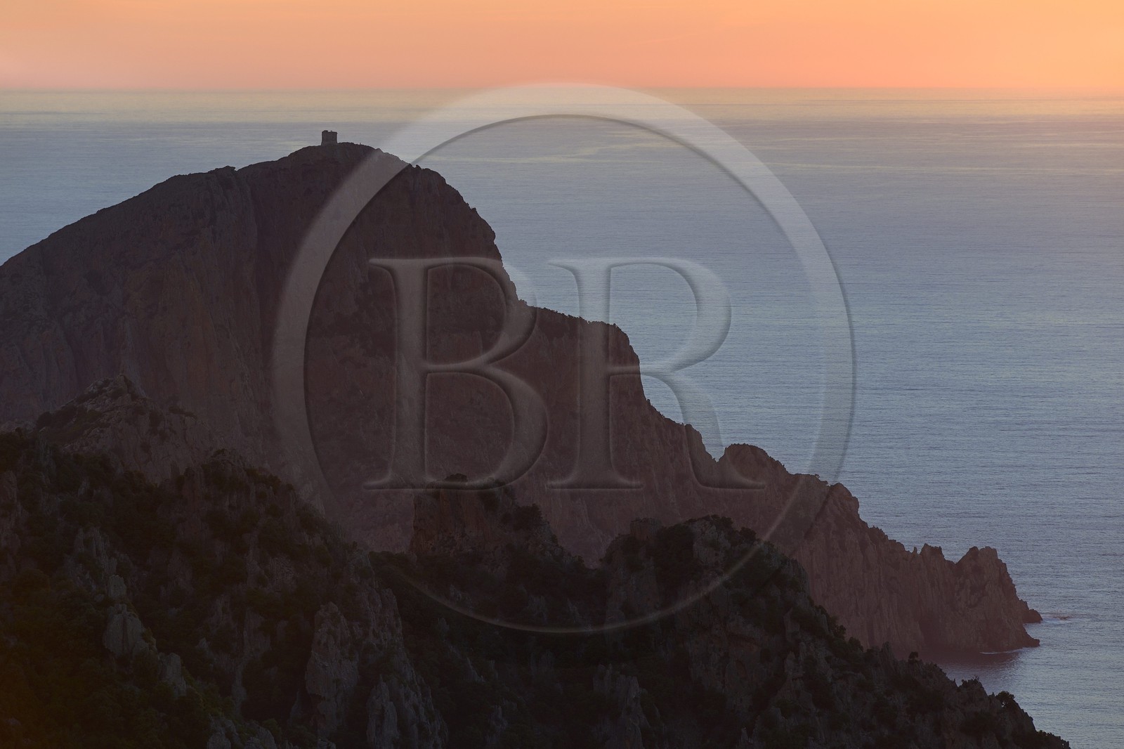 France, Corse du Sud, Golfe de Porto, listed as World Heritage by UNESCO, the Capo Rosso and the Genovese Tower of Turghiu (Turghio) in the background