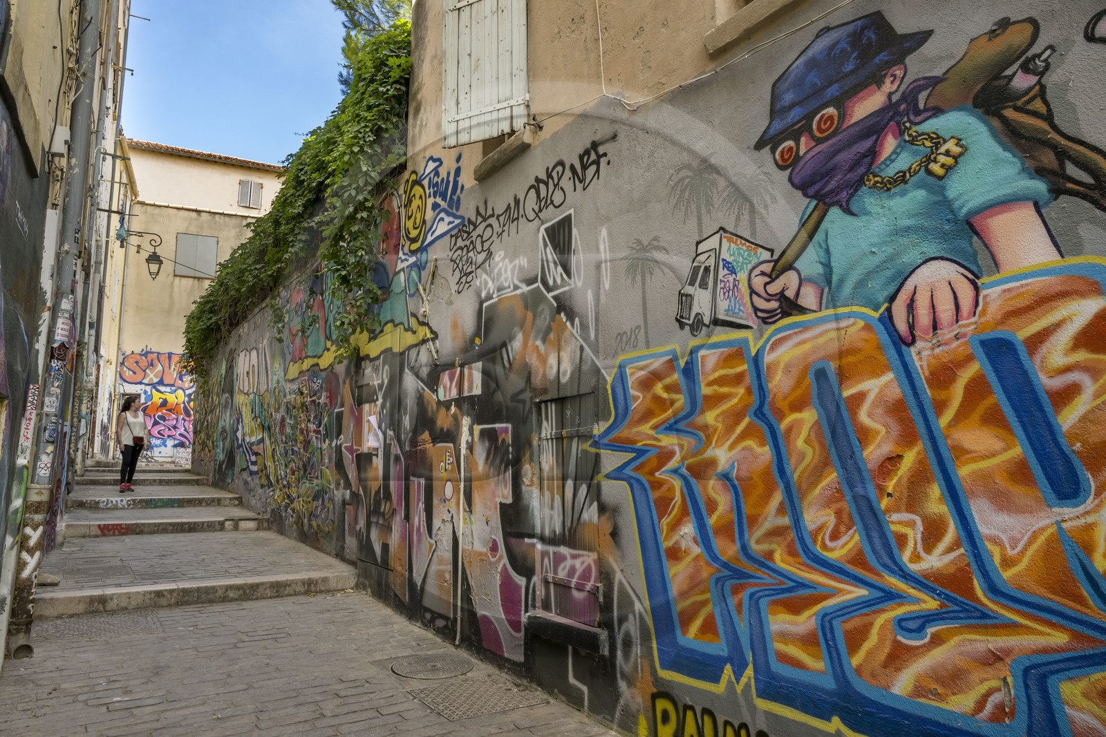 France, Bouches-du-Rhône (13), Marseille, quartier du Panier, peintures murales et graffitis rue du Bouleau