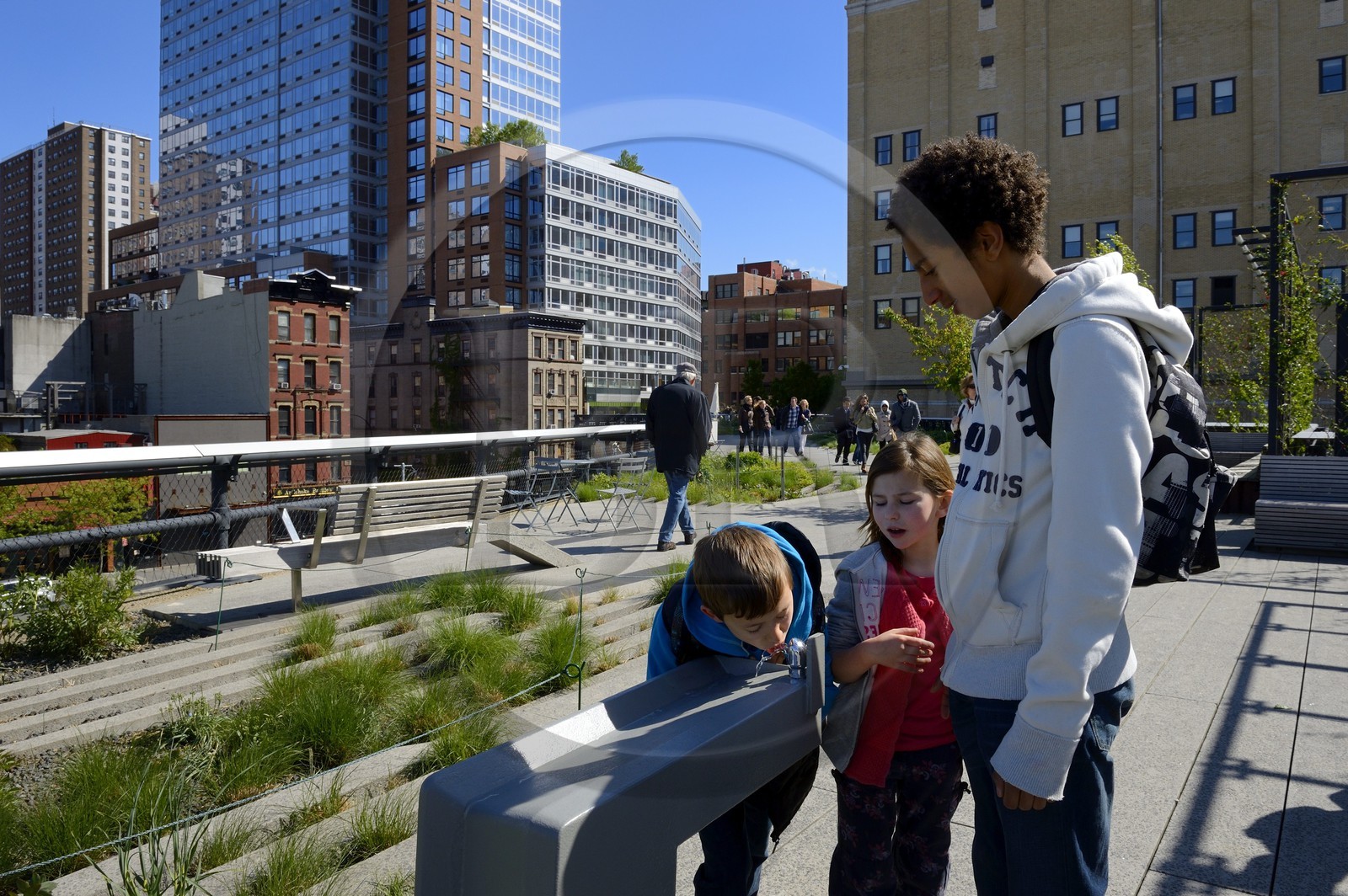 Etats-Unis, New York, Manhattan, Meatpacking district (Gansevoort Market), le High Line Park est une ancienne voie-ferrée aérienne partiellement réhabilitée en parc urbain suspendu, fontaine à eau