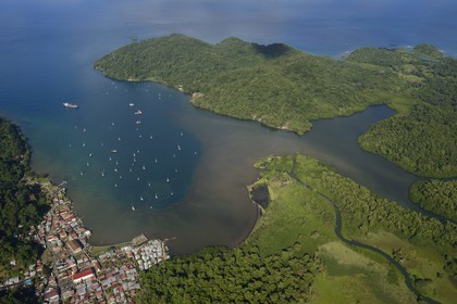 Panama, Colon Province, Portobelo, listed as World Heritage by UNESCO and the bay (aerial view)