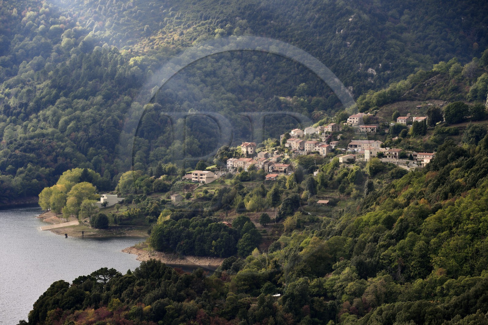 France, Corse-du-Sud (2A), Vallée du Prunelli, village de Tolla au bord du lac artificiel de Tolla depuis le col de la Scalledda