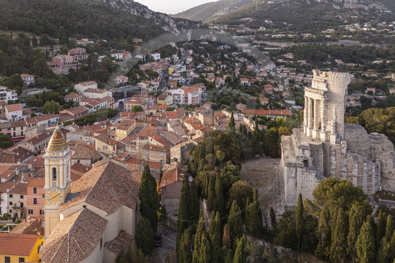 France, Alpes-Maritimes, La Turbie, La Turbie, Trophée d'Auguste or Trophée des Alpes, Roman monument built in the year 6 BC. and the baroque church of Saint Michel (aerial view)