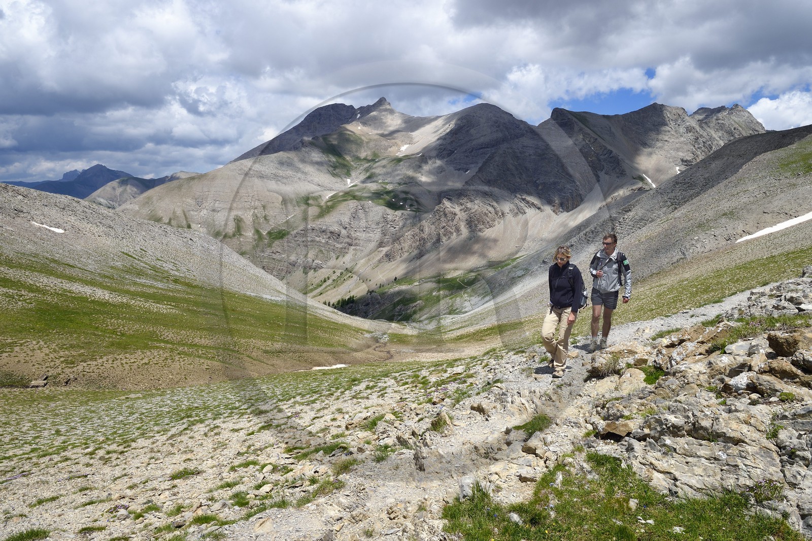 France, Alpes-de-Haute-Provence (04), Uvernet-Fours, parc national du Mercantour, vallée de l'Ubaye, sentier de randonnée du circuit des lacs du col de la Cayolle au Pas du Lausson et le Mont Pelat (3051 m) en arrière plan