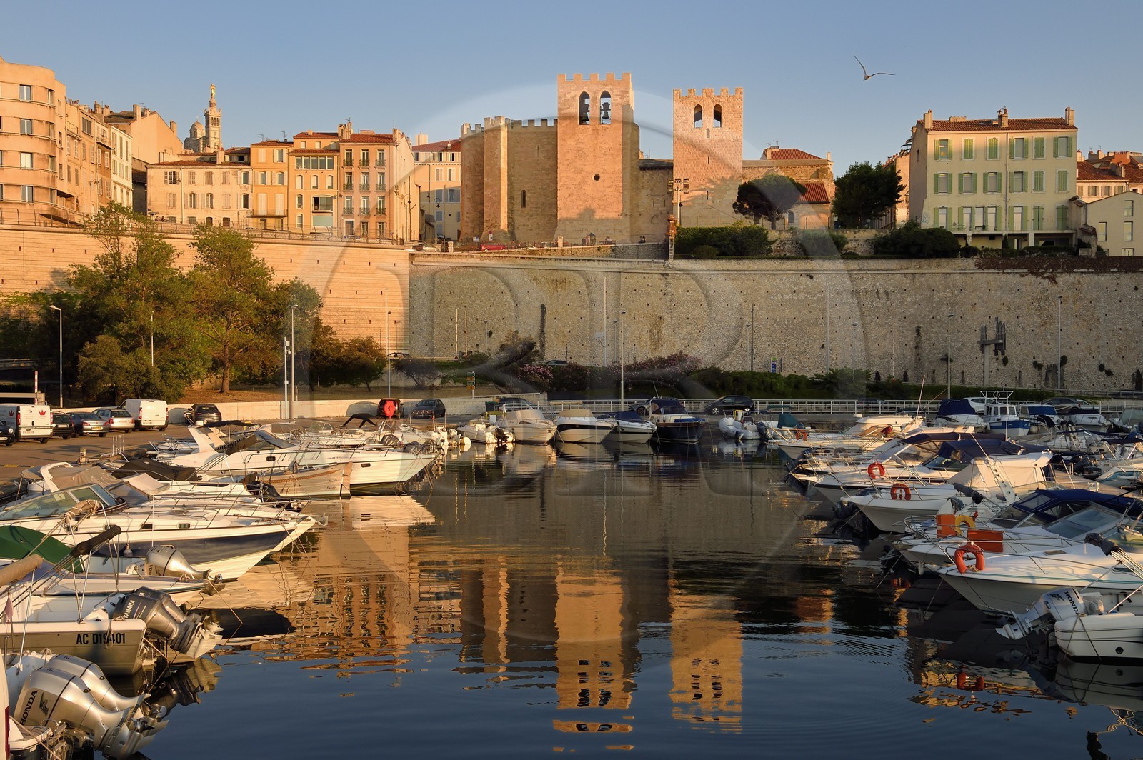 France, Bouches du Rhone, Marseille, the Vieux Port, Saint Victor abbey and Notre Dame de la Garde in the background
