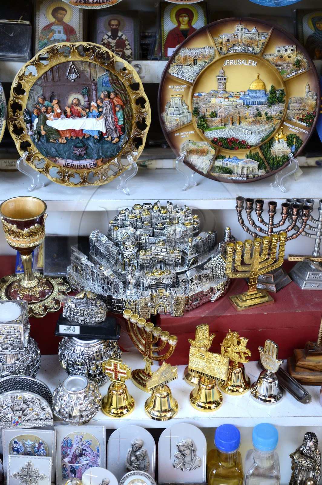 Israel, Jerusalem, holy city, the old town listed as World Heritage by UNESCO, Christian Quarter, souvenir shop and religious products of the three religions