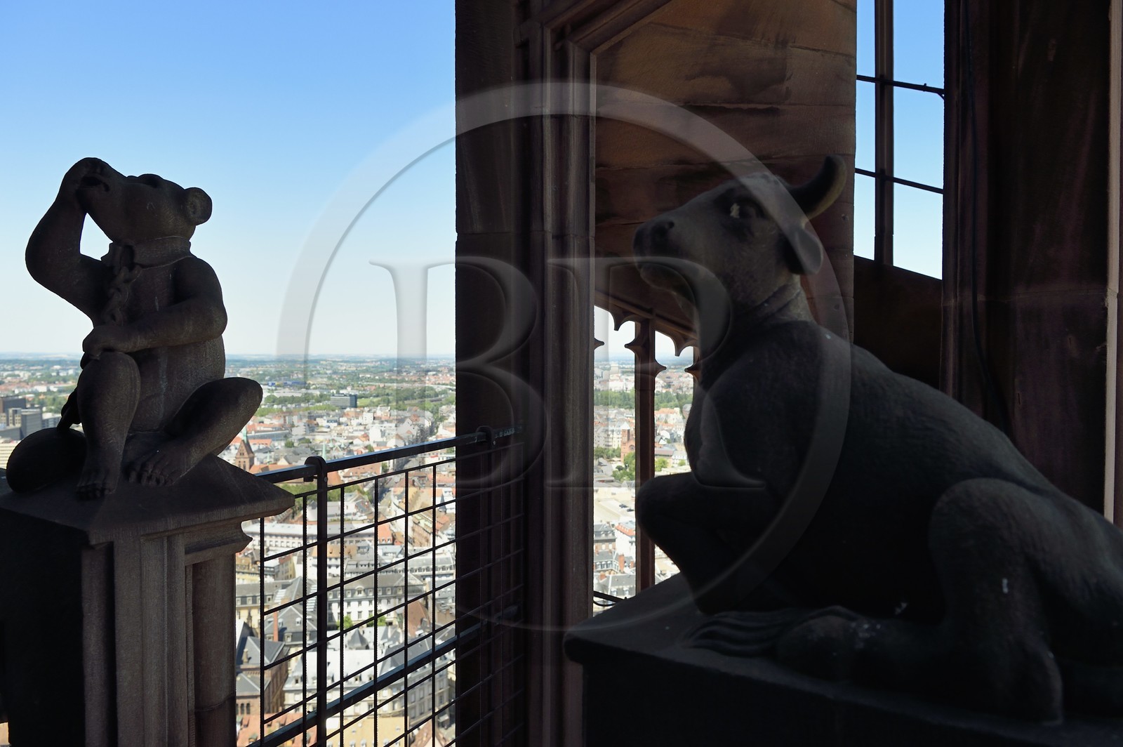 France, Bas-Rhin (67), Strasbourg, vieille ville classée au Patrimoine Mondial de l'UNESCO, la cathédrale Notre-Dame, à mi hauteur de chacun des quatres escaliers à vis appelées les Vier Schnecken (quatre escargots), une passerelle les relie à la tour octogonale et on y trouve deux statues, ici l'ours enchainé et le taureau (références aux constellations de la Grande Ours et du Bouvier)