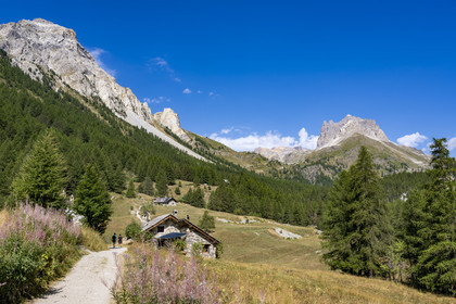 France, Hautes Alpes, Nevache, the Vallée Etroite (Narrow Valley) on the Italian border, Les Granges hamlet, hikers on the path to Green Lake, Mount Tabor and the Grand Séru (right) in the background