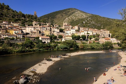 France, Herault, Orb river valley, beach on the river Orb at the village of Roquebrun