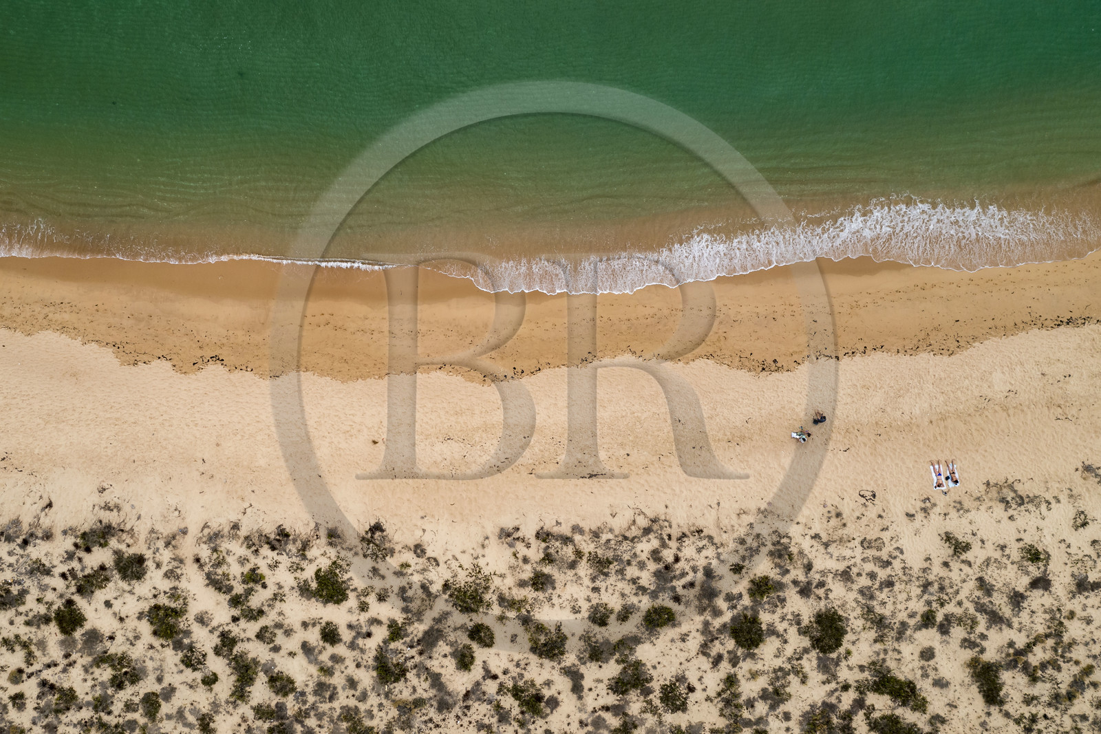 Portugal, Algarve, Parc naturel de la Ria Formosa, Faro, Ile de Barreta ou Deserta (Ilha da Barretta ou Deserta), la plage (vue aérienne)
