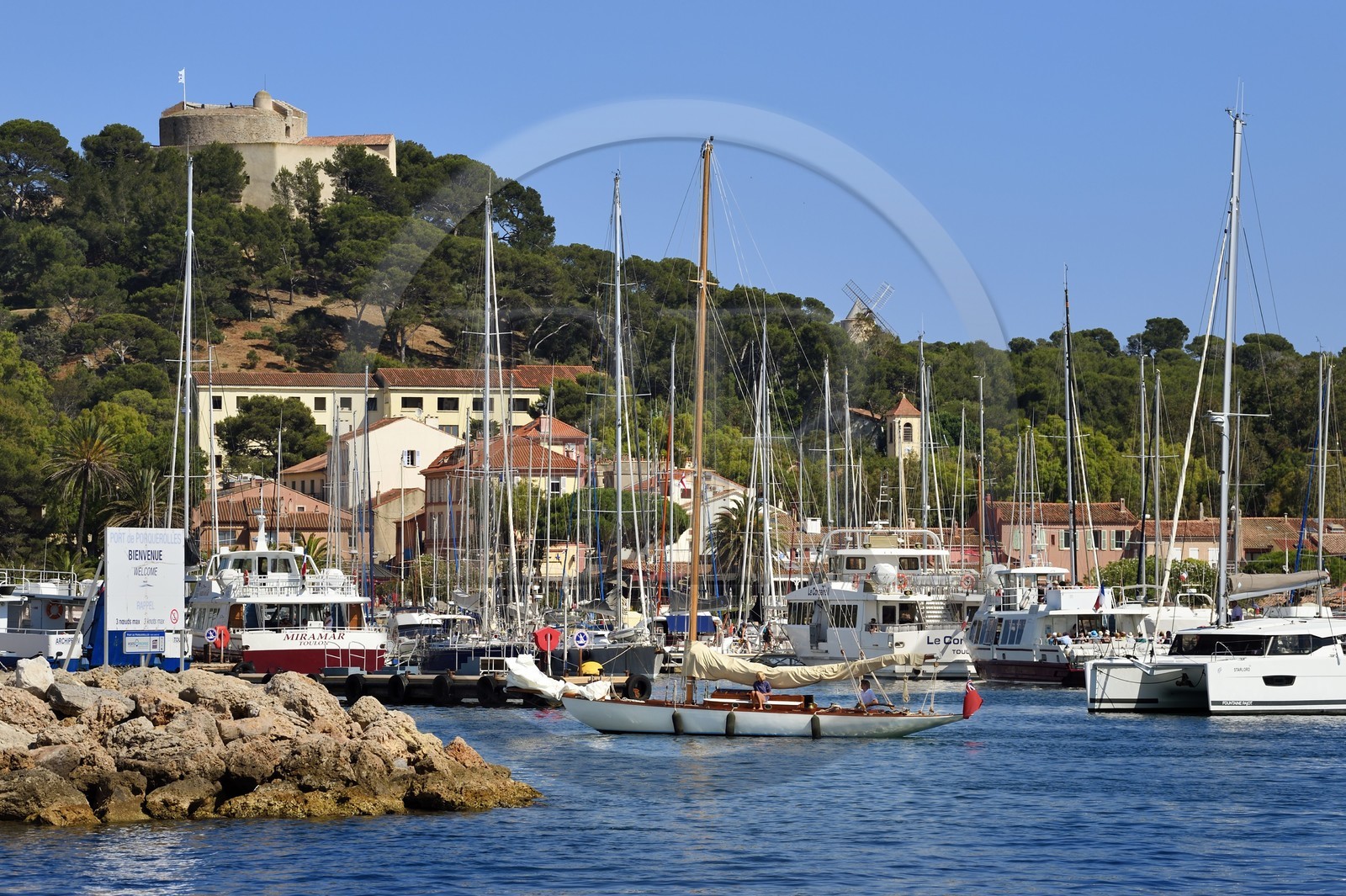 France, Var (83), Iles d'Hyères, parc national de Port Cros, Ile de Porquerolles, le port de Porquerolles dominé par le Fort Sainte-Agathe