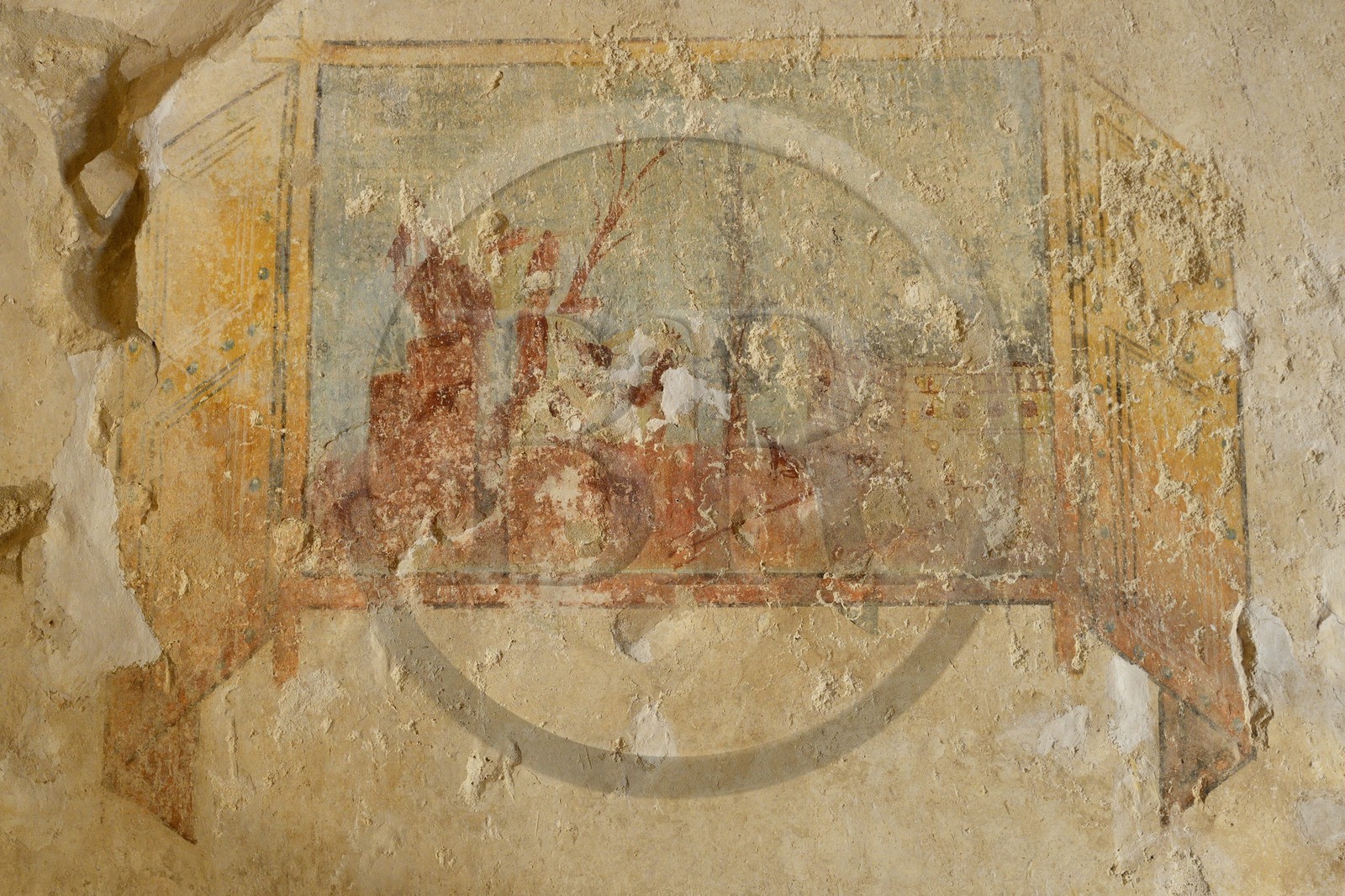 Israel, Cisjordanie, l'Hérodion, colline artificiellement exhaussée qui abrite les ruines d'un palais fortifié construit par le roi Hérode Ier le Grand (site classé Parc National), les fouilles de la loge royale du théâtre du roi Hérode ont été menées par le professeur Ehud Netzer et maintenant par Yakov Kalman, fresques