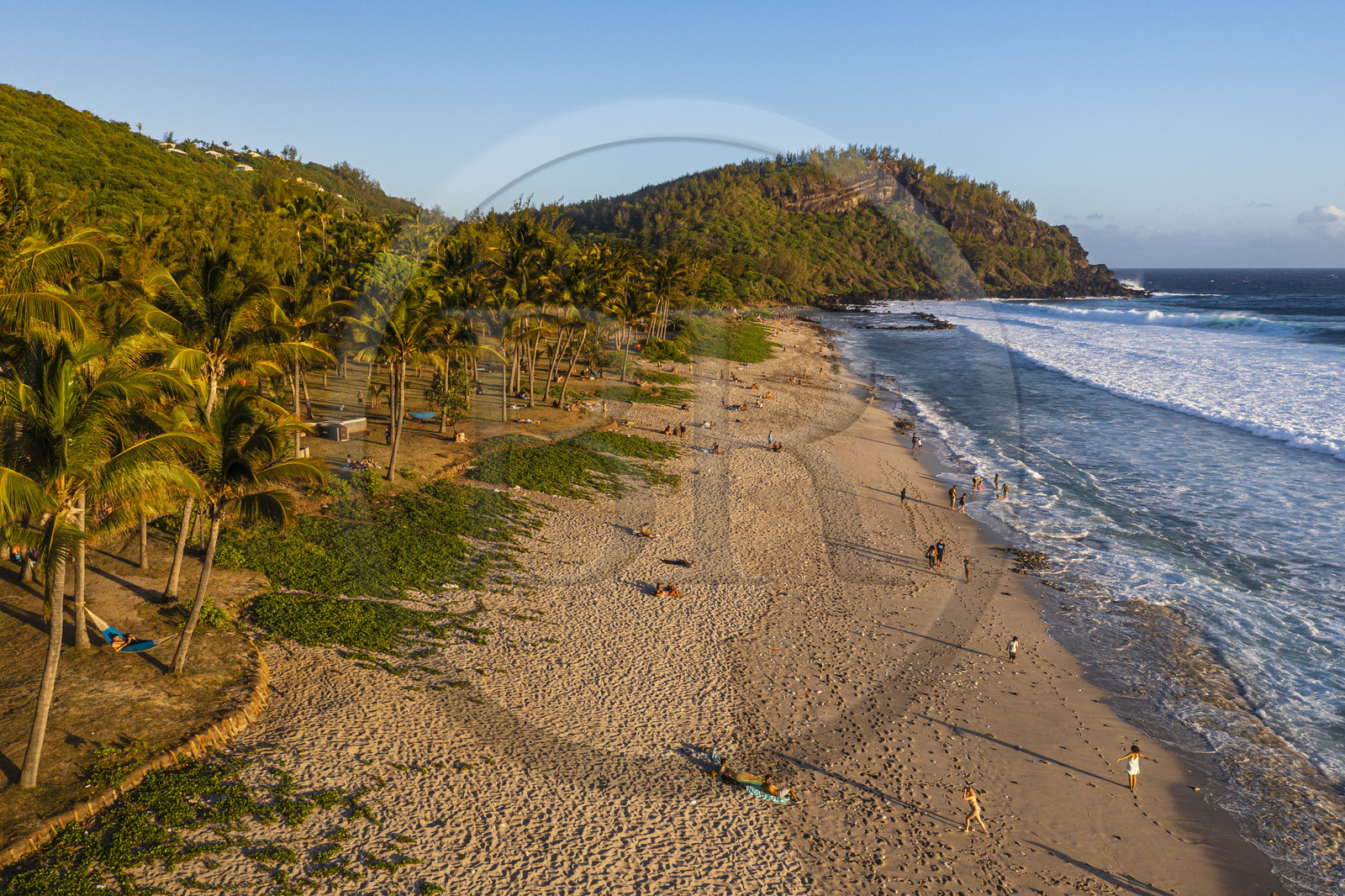 France, Ile de la Reunion, Petite-Ile sur la côte sud, plage de sable blanc de Grand-Anse au pied de piton Grande-Anse (vue aérienne)