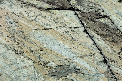 France, Alpes-Maritimes (06), parc national du Mercantour, Vallée des Merveilles parsemée de milliers de gravures rupestres de l'Age de bronze, dalle de schiste appelée la Roche de l’Autel, gravures de figures corniformes et de poignards