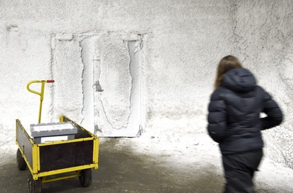 Norway, Svalbard, Spitzbergen, Longyearbyen, Svalbard Global Seed Vault (Seed Bank), antechamber of the 3 storage areas dug in the rock and at a constant temperature of -4°C provided by the permafrost, access door at the storage room artificially maintained at -18°C