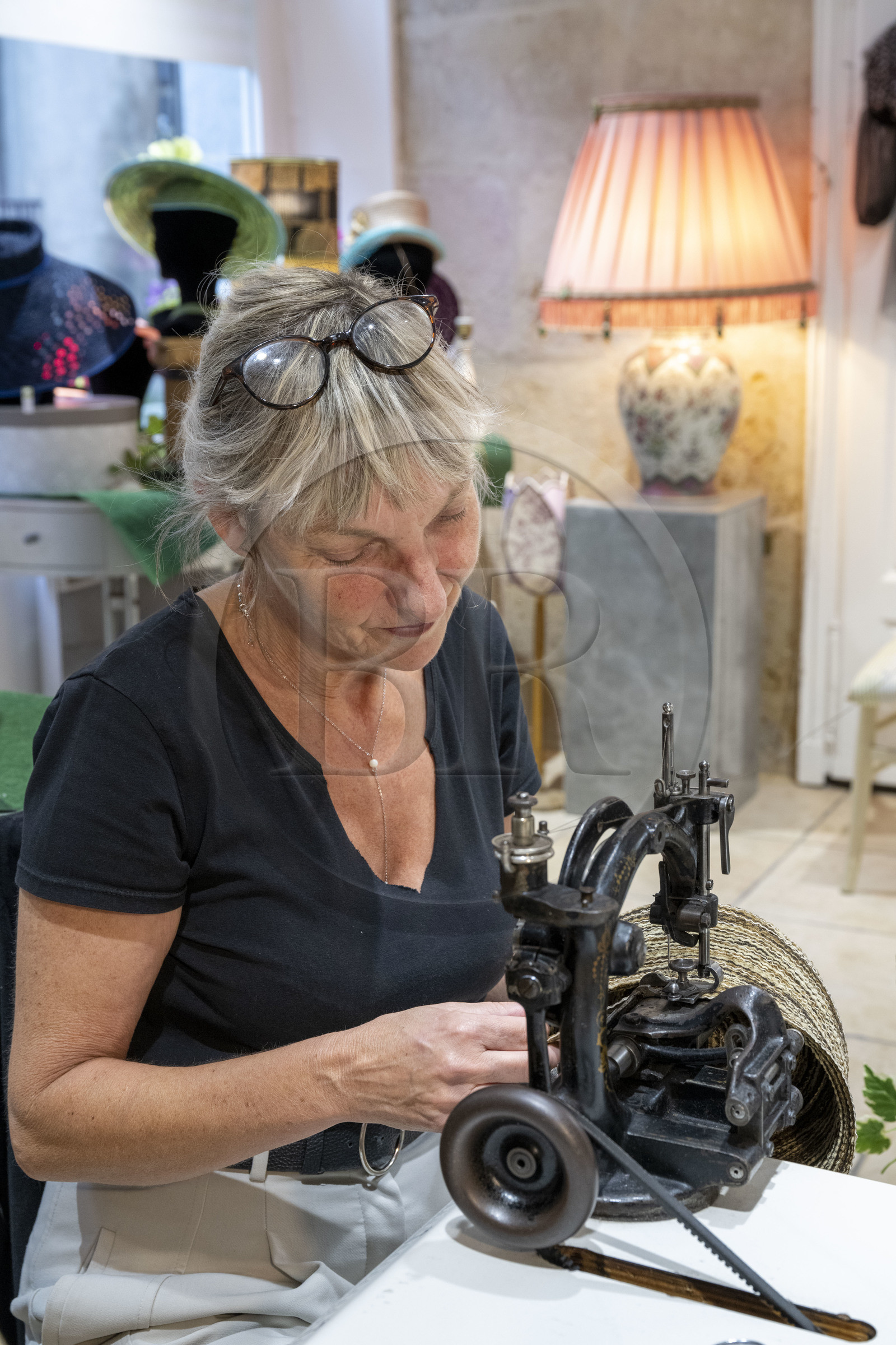 France, Cote d'Or, Dijon, milliner Sara Tintinger making a hat in her workshop-boutique Bibi & Bob on rue d'Assas