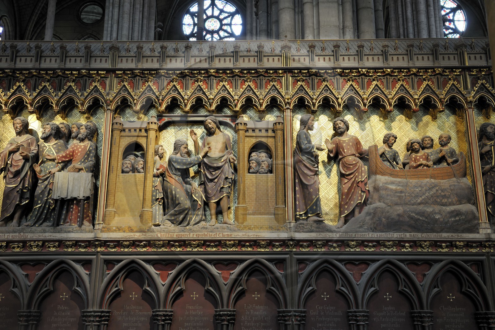 France, Paris (75), île de la Cité, la cathédrale Notre-Dame, la clôture du chœur, Saint Thomas mettant le doigt dans la plaie du Christ et la pêche miraculeuse sur le lac de Tibériade