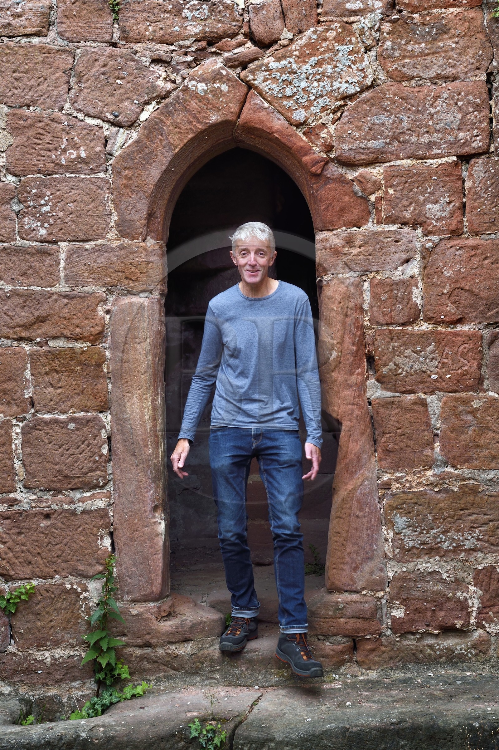 France, Bas-Rhin (67), Parc naturel régional des Vosges du Nord, Niedersteinbach, foret domaniale de Steinbach, ruines du chateau de Wasigenstein, Mathias Heissler, architecte du patrimoine au conseil départemental du Bas-Rhin