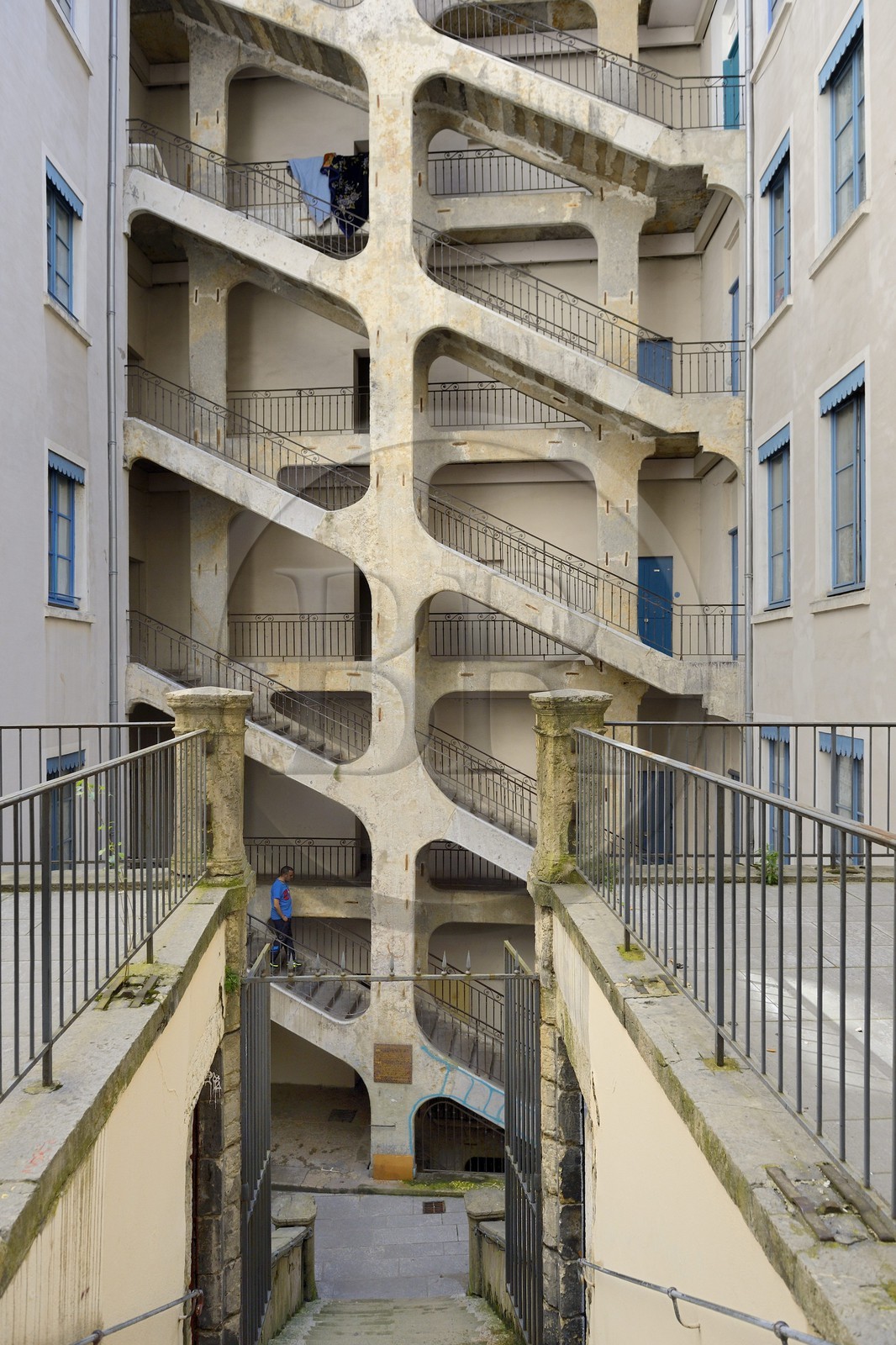 France, Rhone, Lyon, historical site listed as World Heritage by UNESCO, La Croix Rousse District, Traboule (small passageway) des Voraces also called Maison de la Republique, historical refuge for Canuts, former silk weavers of Lyon