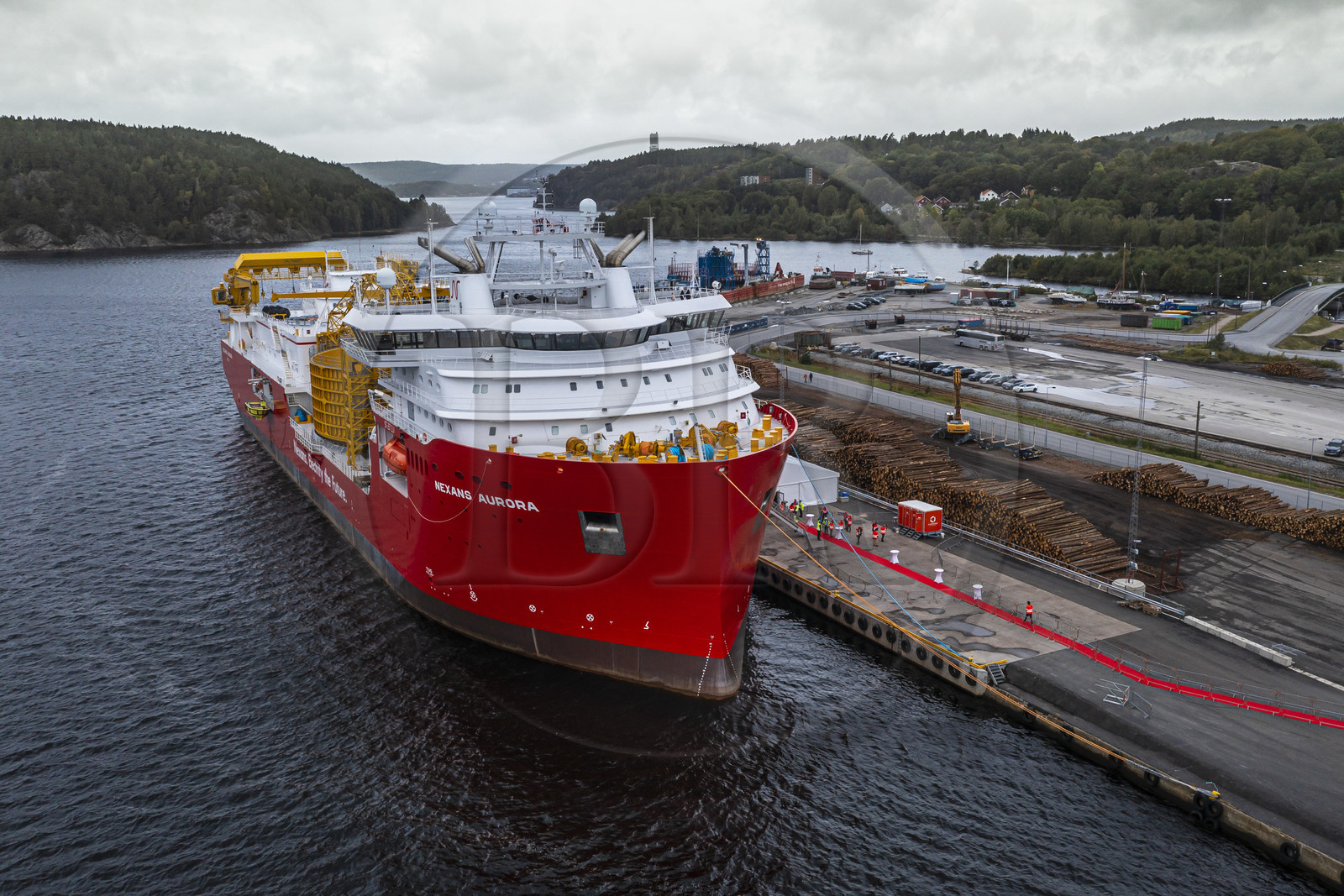 Norway, Ostfold County, Halden, Nexans Aurora cable-laying vessel, vessel for laying electric cables, connecting and repairing these cables (aerial view)