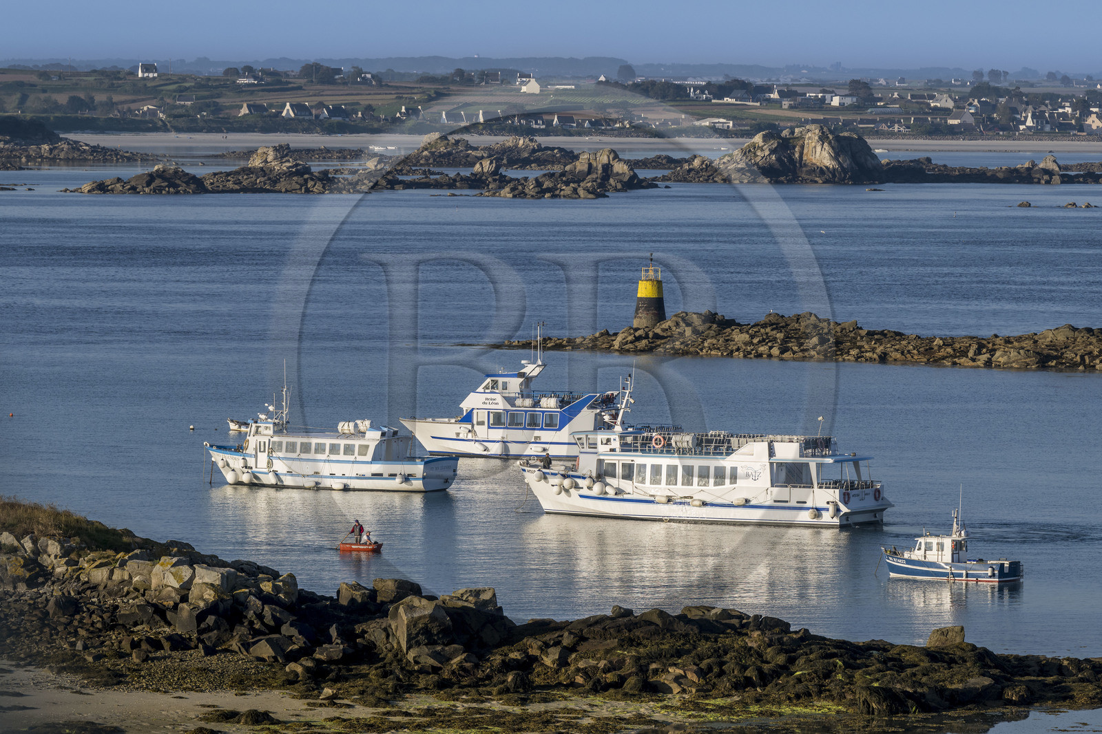 France, Finistère, Ponant Islands, Ile de Batz (Batz Island), Porz-Kernok bay in the channel early morning, the boats which make the connection with Roscoff