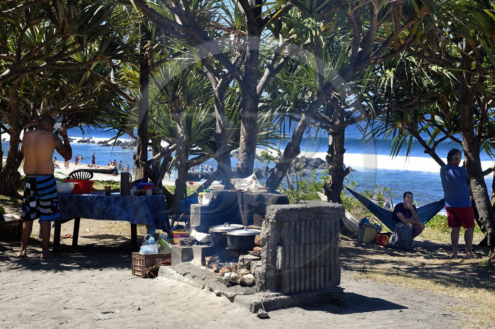 France, Ile de la Reunion, Petite-Ile sur la côte sud, plage de Grand-Anse, famille créole profitant d'une journée de picnic en plein air dans une zone aménagée en bord de mer