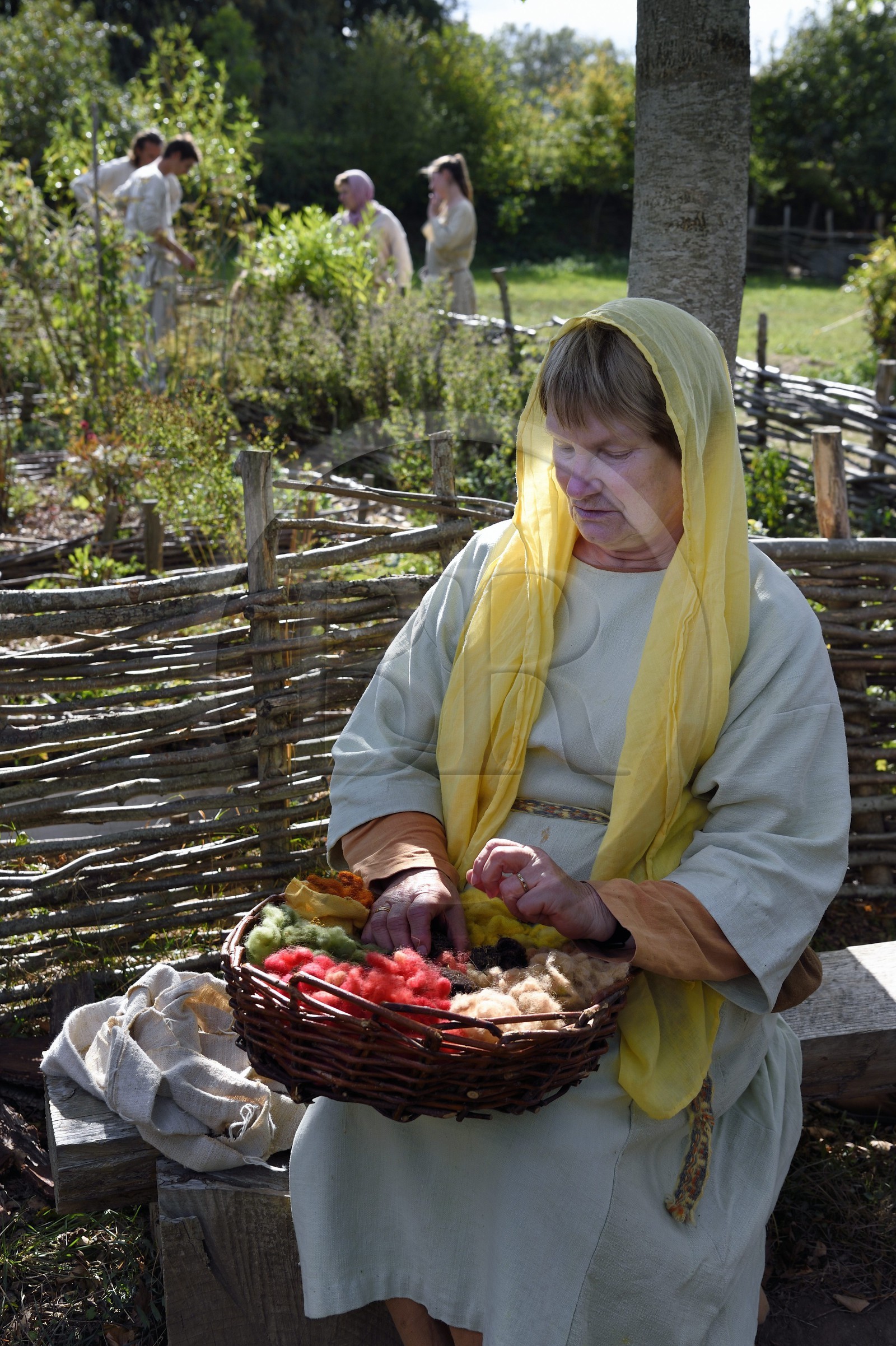 France, Calvados, Herouville Saint Clair, Domaine de Beauregard, Ornavik Historical Park, reconstruction of a Carolingian village with its artisans and farmers, wool work