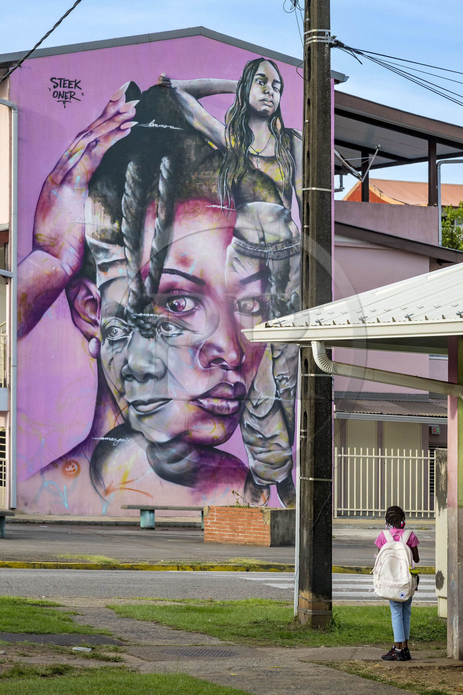 France, French Guiana, Cayenne, mural at the corner of Rue Barthélémy and Avenue Ronjon by Guadeloupean street artist Benoit Bottala, aka Steek Oner