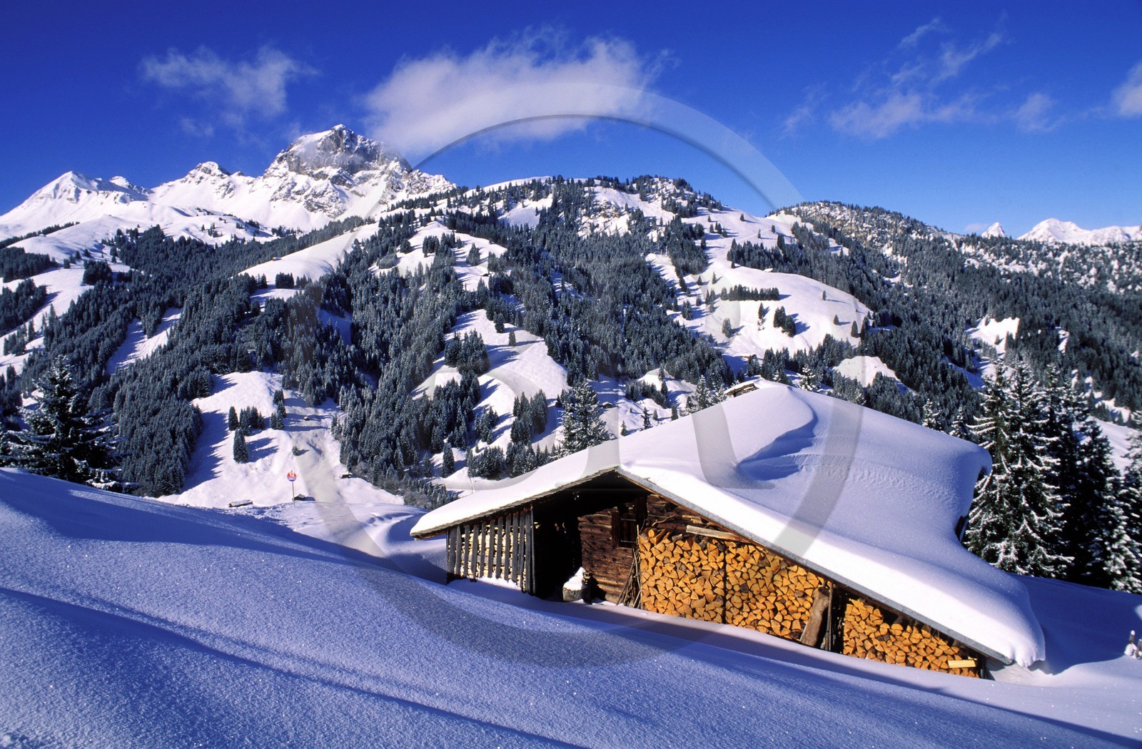 Suisse, région de Bern (Oberland Bernois), Saanenland, Gstaad, chalet sous la neige