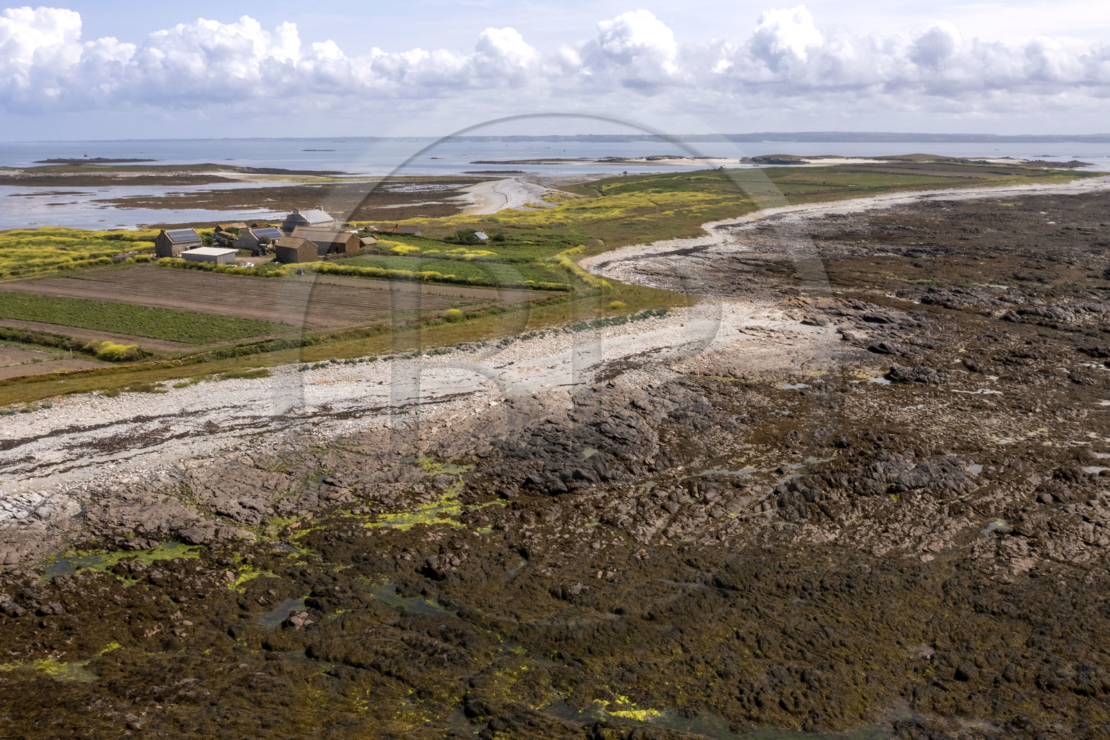 France, Finistère (29), Mer d'Iroise, archipel de Molène, Ile de Quéménès, ferme de Quéménès bio et autonome en énergie (vue aérienne)