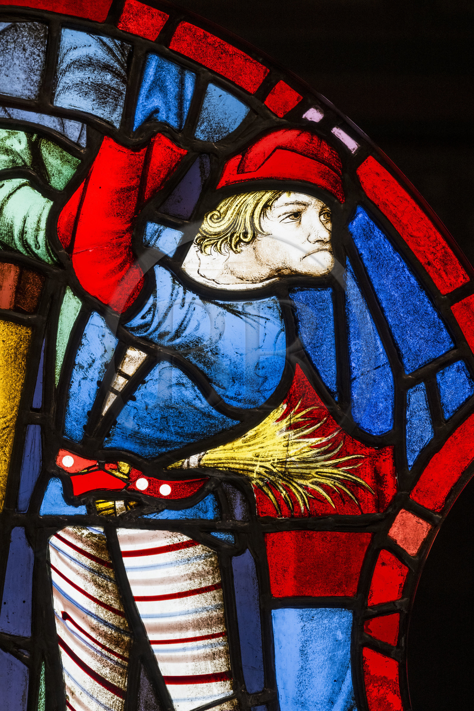France, Paris, Musée de Cluny - Musée national du Moyen-Age (Middle Ages Museum in the former Hotel de Cluny), stained glass representing the executioner, from the Sainte-Chapelle in Paris, around 1500